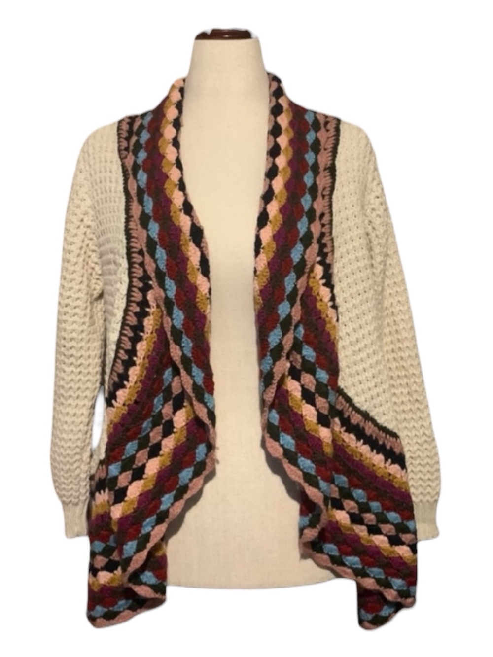 Cinthy Q Ivory Crochet Open Front Cardigan Sweater Multi-Color Trim Size  S/M